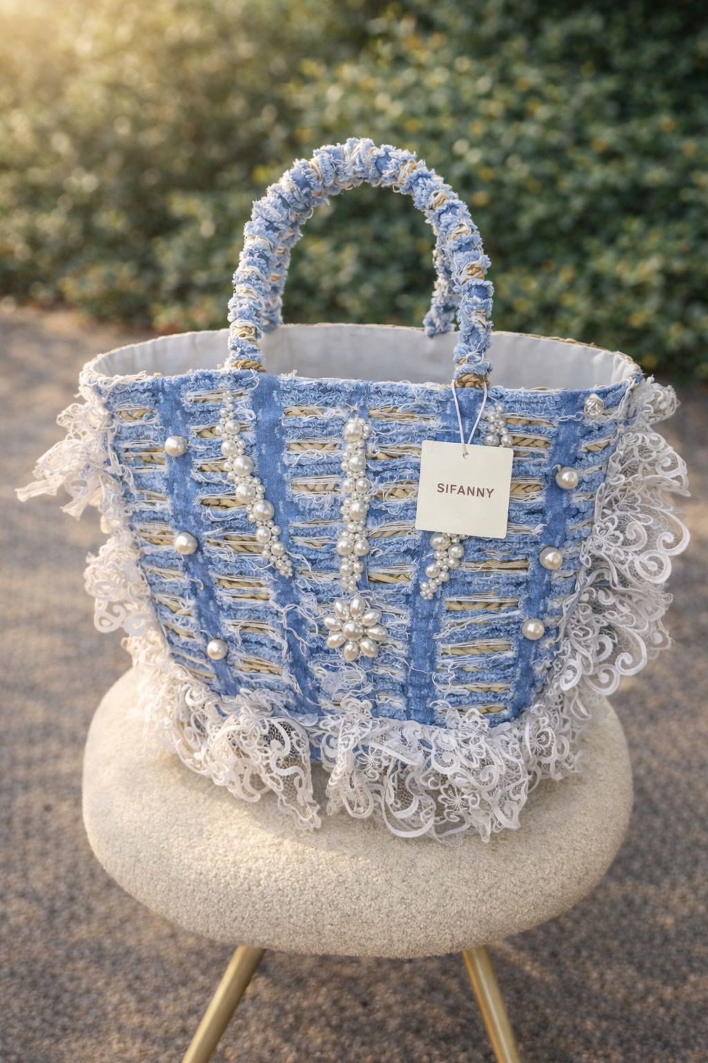 Panier Bohème Chic Personnalisé – Sac Paille Dentelle & Perles Bleu Élégant